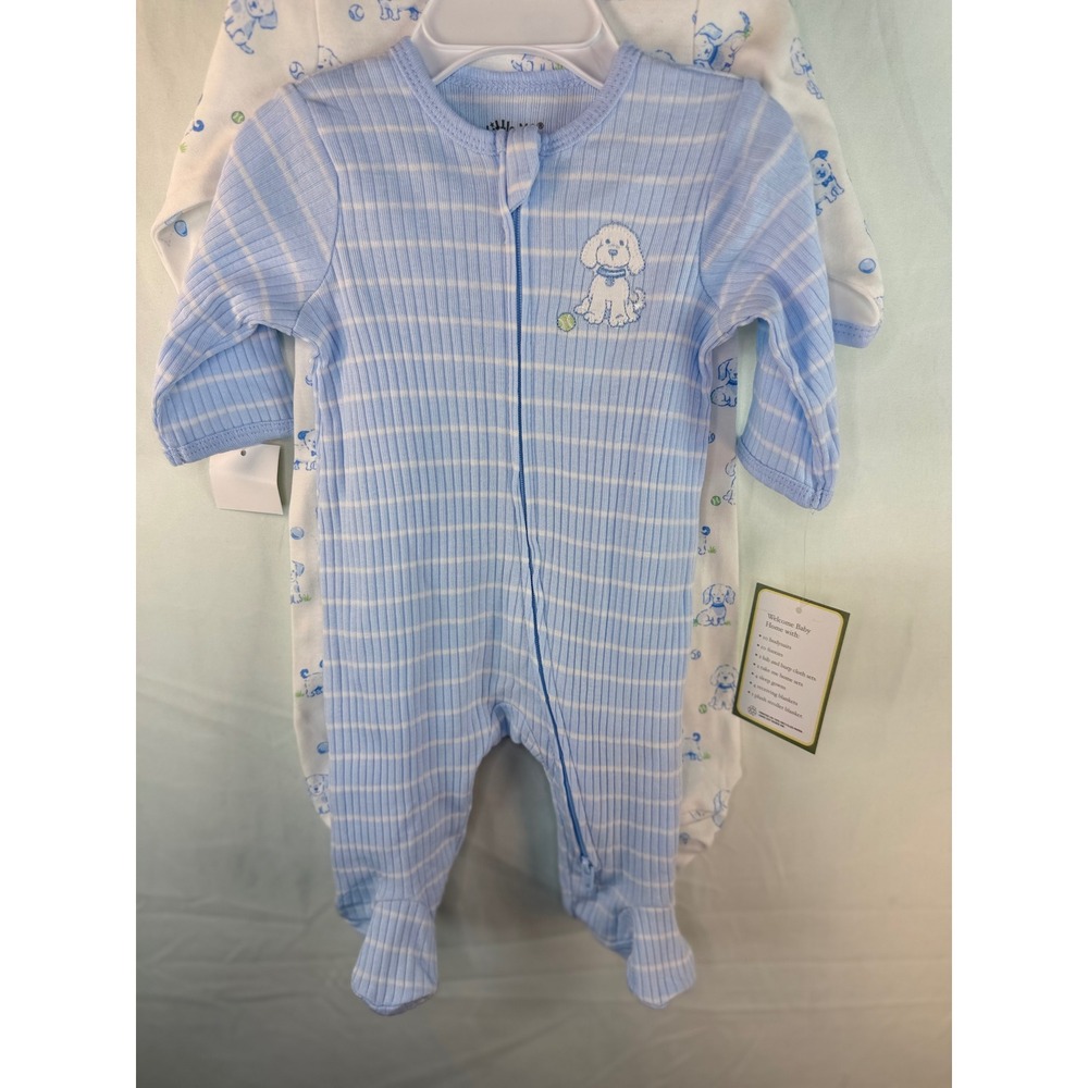 Little Me Essentials Newborn 2 Pack Organic Cotton Puppy Sleepers Blue White NB